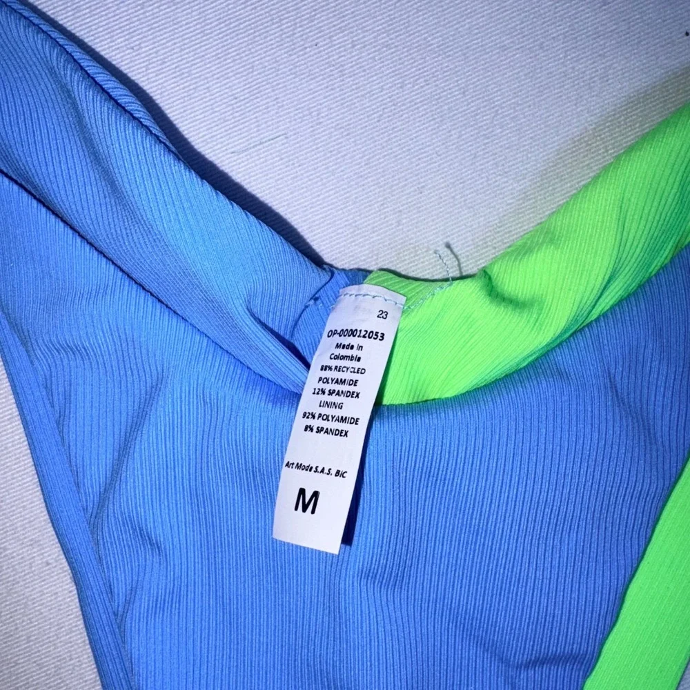 Maaji string tie up Bikini Set Medium Blue Neon Green NEW Ribbed Colorblock